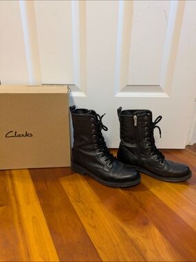 Clarks Black Leather Lace-Up Combat Boots